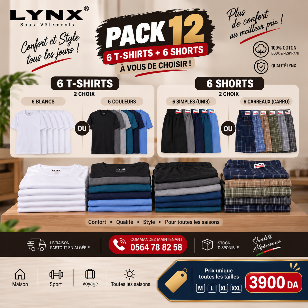 Pack 6 T-shirts (Color Or Blanc)+6 Shorts (Simple Or Careaux)