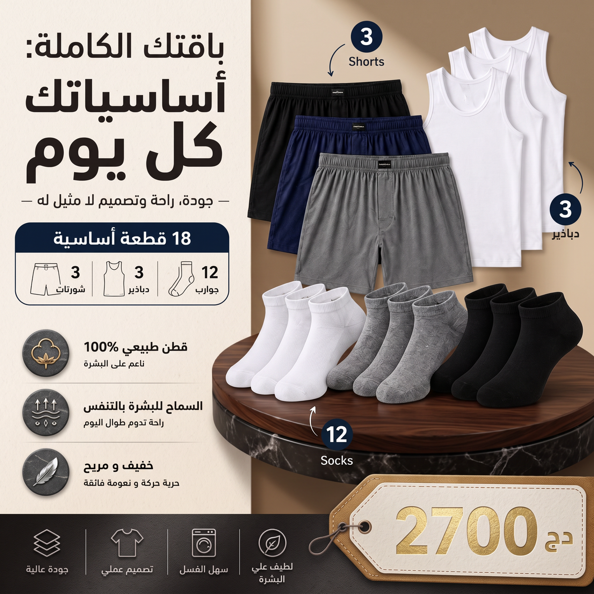 Pack 3 shorts + 3 Debardeurs + 12 chaussettes